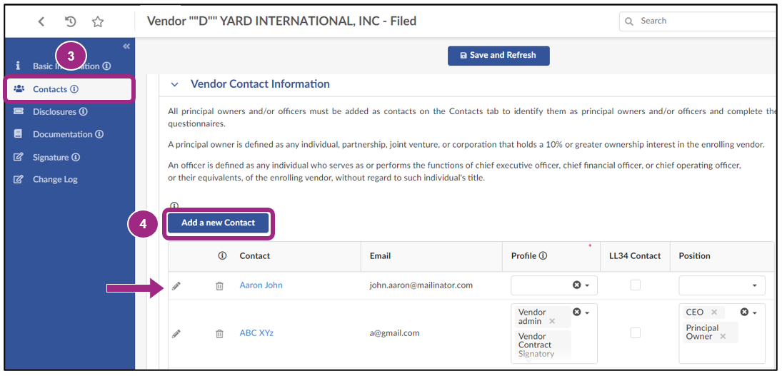 Screenshot of the Vendor Contract Information section within the Contacts tab. 