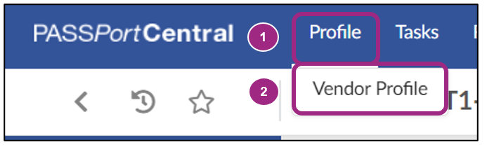 Screenshot of the Profile drop-down menu in PASSPort's top navigation menu. 