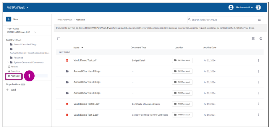 In the left navigate pane of the PASSPort Vault, the Archived folder is highlighted.