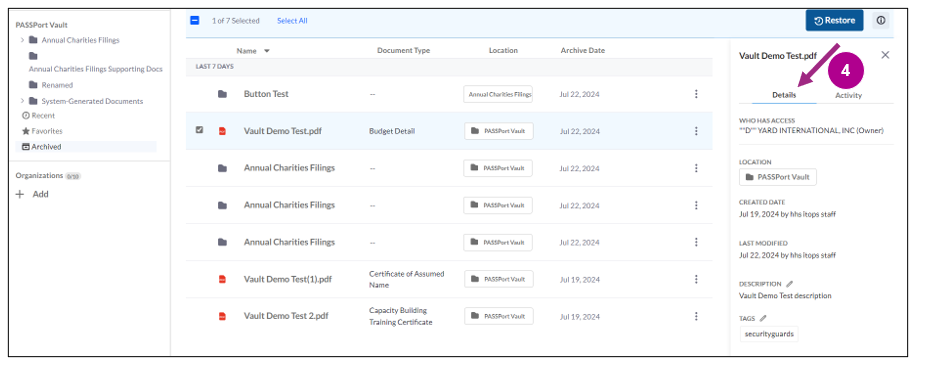 A right navigation pane displays. Details of the Vault Demo Test document are visible.