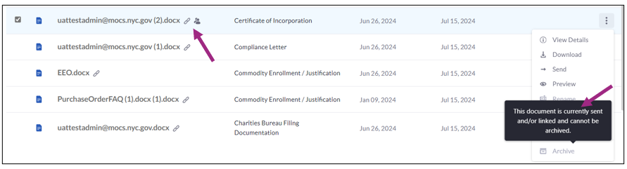 In the Documents table, a selected document shows a link icon and sent icon. In the ellipses drop-down menu, a message displays.