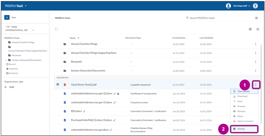 In the Documents table of the PASSPort Vault, the ellipses drop-down menu displays. Archive is highlighted within the menu. 