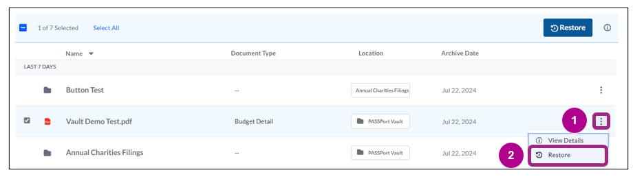 In the Documents table of the PASSPort Vault, the ellipses drop-down menu displays. Restore is highlighted within the menu. 