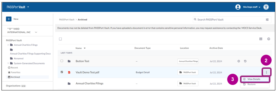 In the Documents table of the PASSPort Vault, the ellipses drop-down menu displays. View Details is highlighted within the menu. 