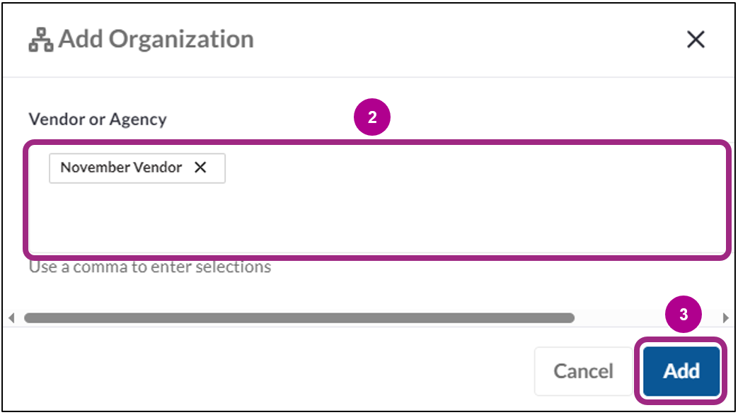 The Add Organization pop-up window.  'November Vendor' is selected In the Vendor or Agency field.