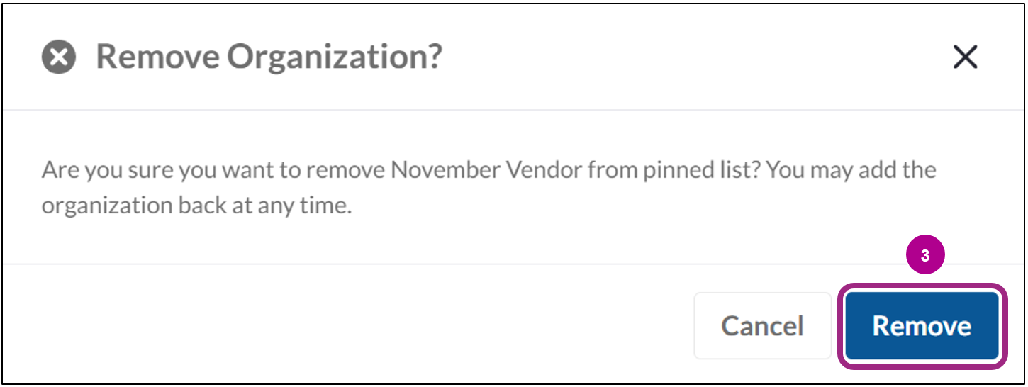 The Remove Organizations pop-up window. 