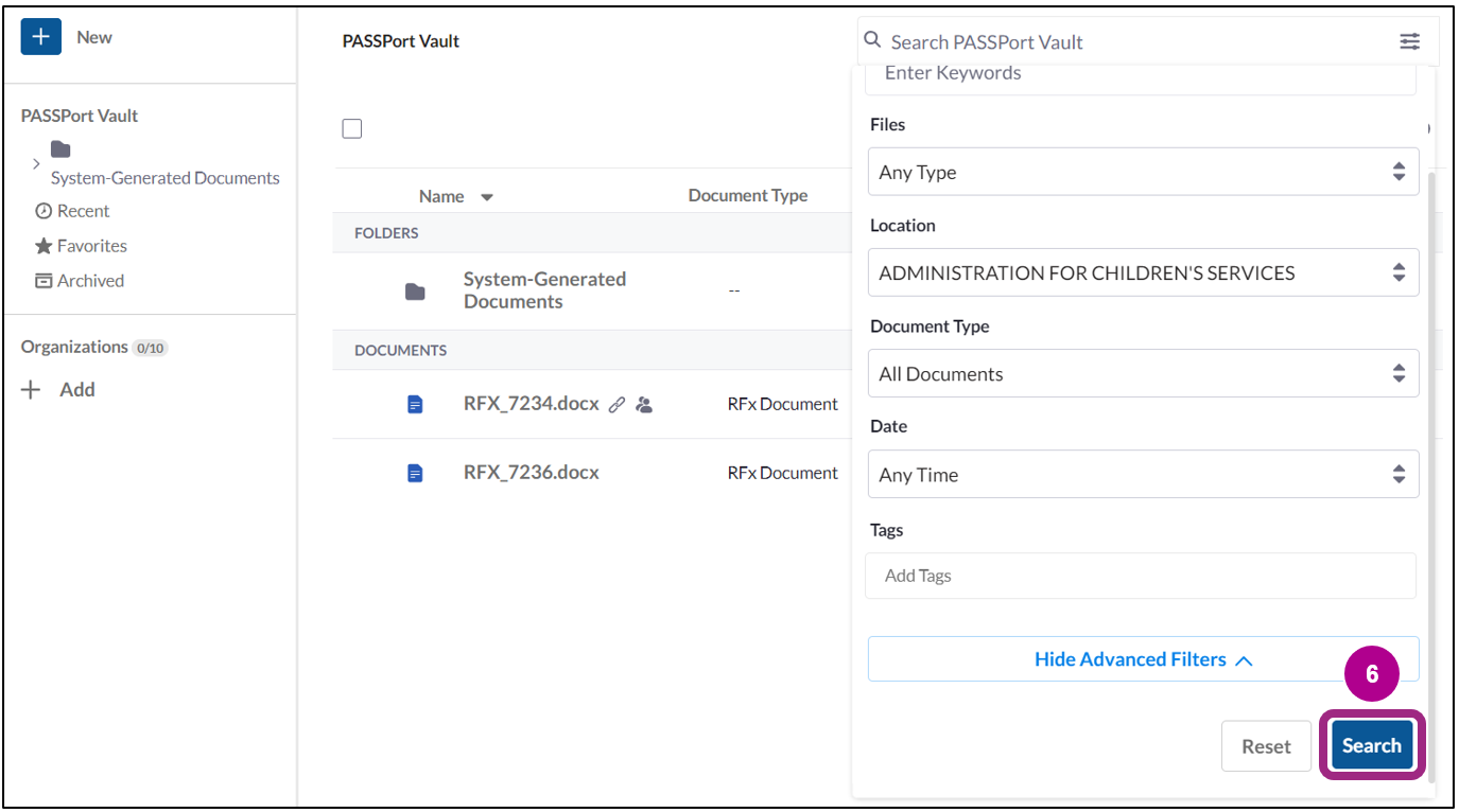 The Location field is updated to ACS in the Search Options menu. 