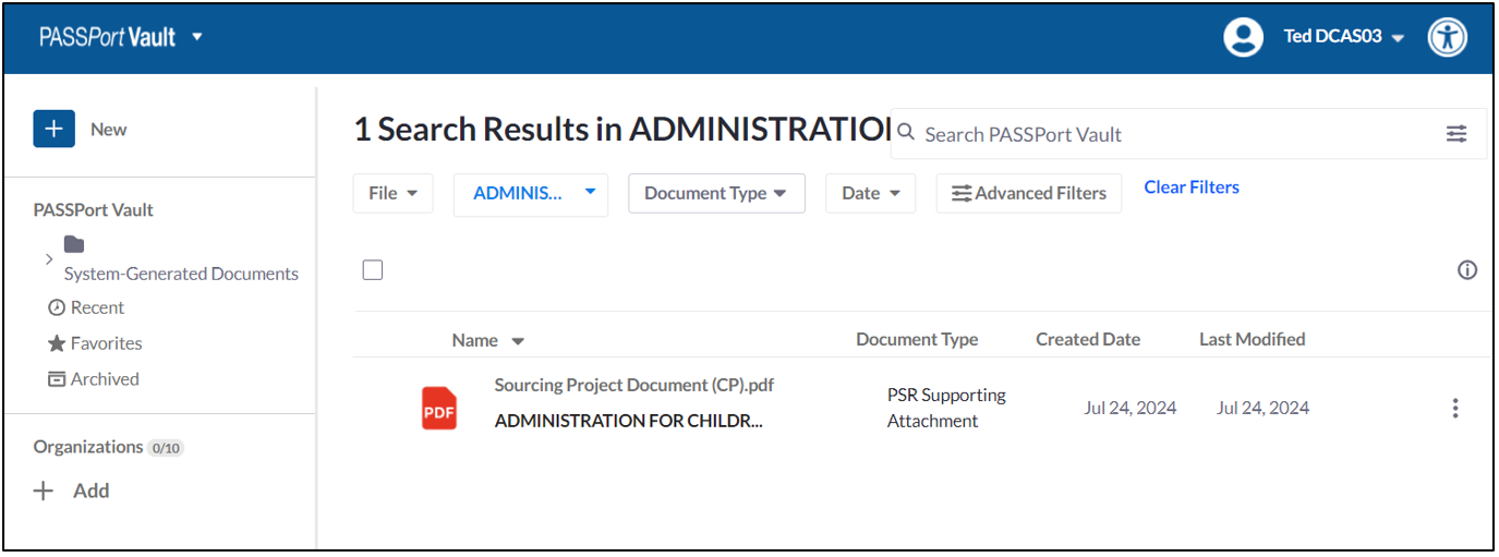 The Search Results page displays received documents from ACS. 