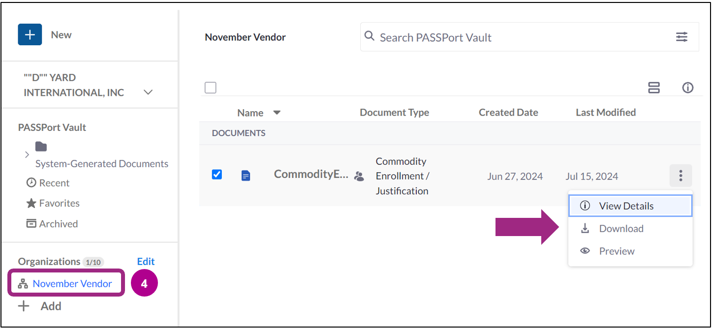 'November Vendor' appears under Organizations. Upon click, documents received from this vendor display on the screen. 