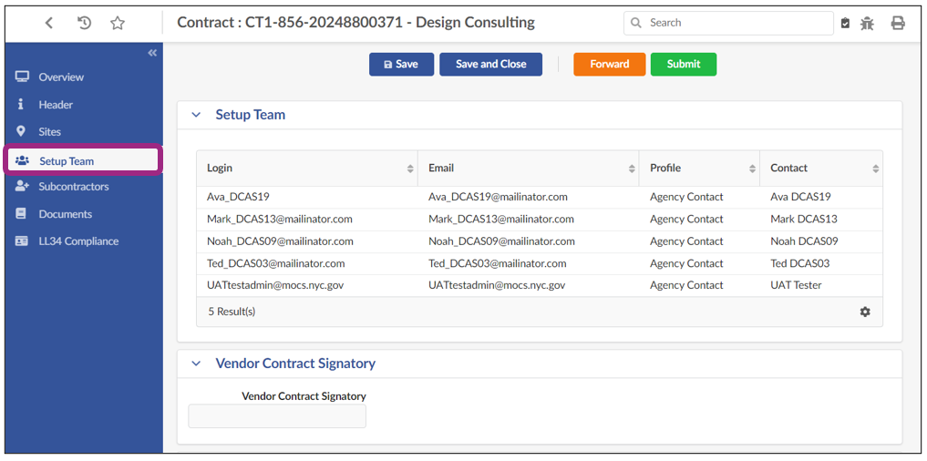 Screenshot of the Contract's Setup Team tab. Agency Contacts are listed in the Setup Team section of the page. 