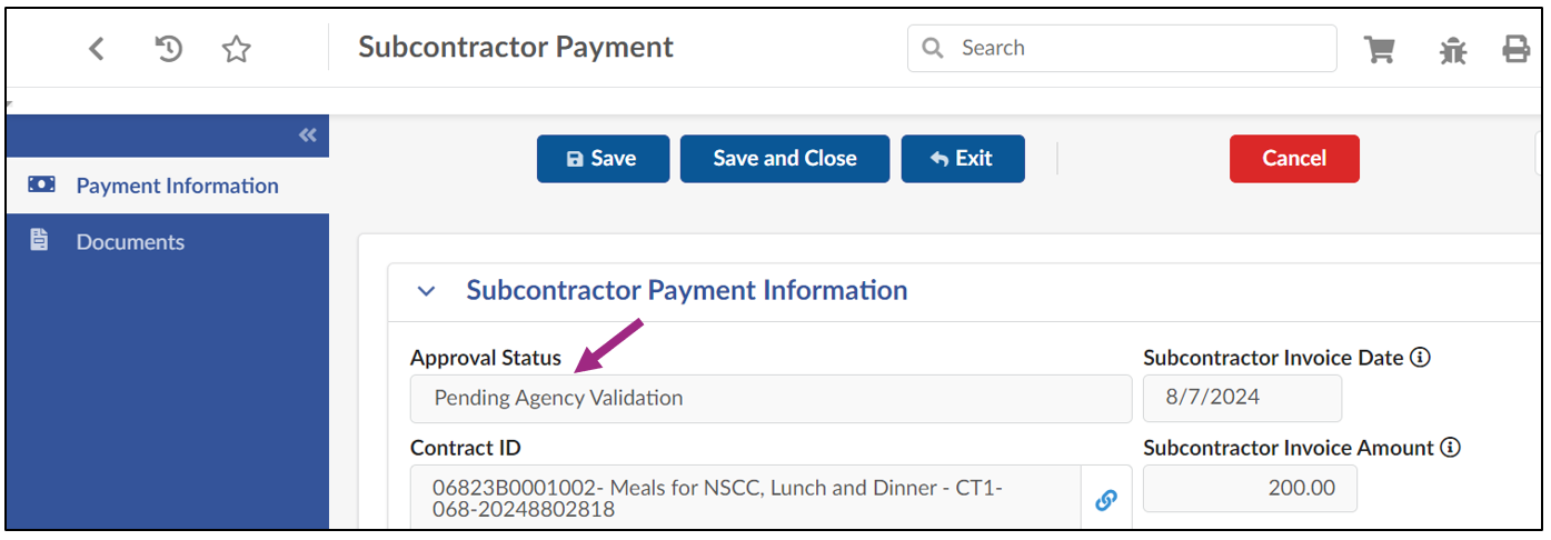 The Subcontractor Payment Approval Status displays Pending Agency Validation.