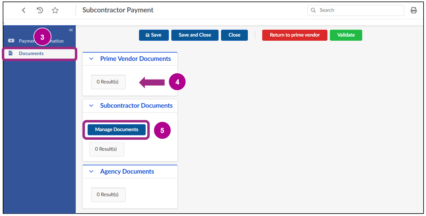 The Documents tab of the Subcontractor Payment screen. No documents have been uploaded.