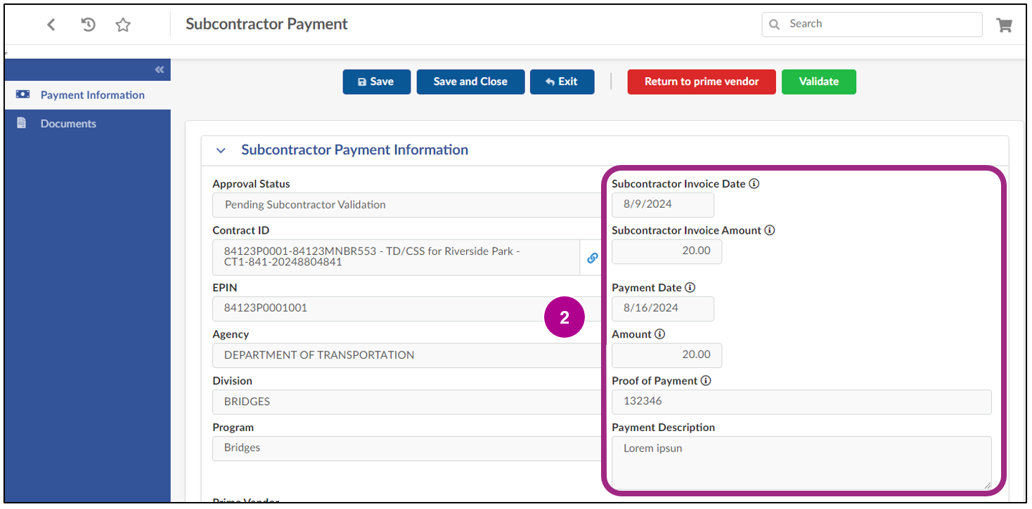 The Subcontractor Payment Information section. Payment details are read-only.