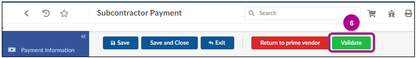 The Validate button at the top of the Subcontractor Payment screen.