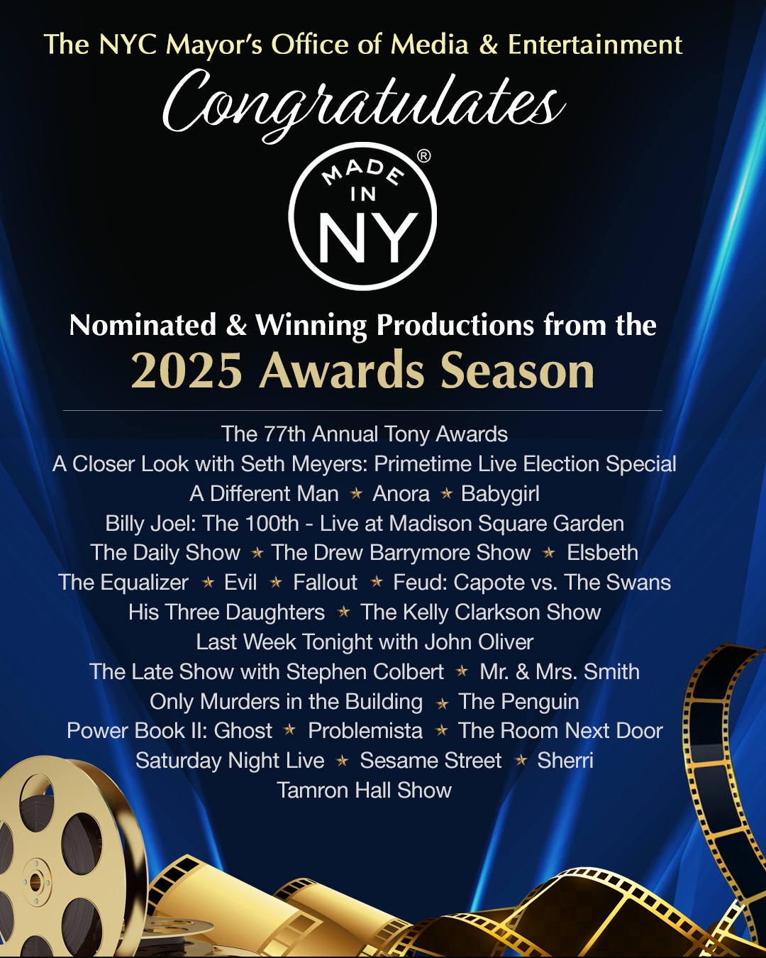 NYC Mayor's Office of Media and Entertainment Congratulates ‘Made in NY’ Winners and Nominees of Current Awards Show Season