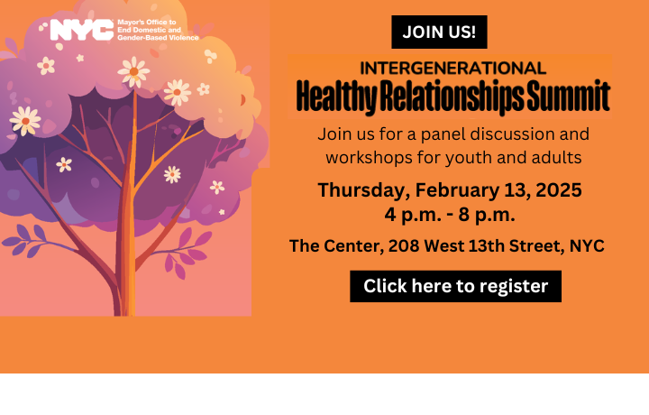 Flower tree on orange background with text: Intergenerational Healthy Relationships Summit, 02/13/2025, 4 pm - 8pm.
                                           