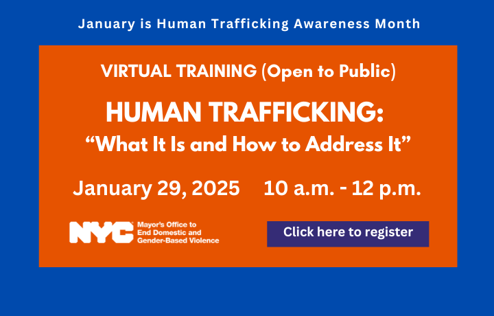 Orange rectangle box inside blue border with ENDGBV logo and text: Virtual Training (Open to Public):  Human Trafficking, What It Is and How To Address It. January 29, 2025, 10 am to 12 pm.
                                           