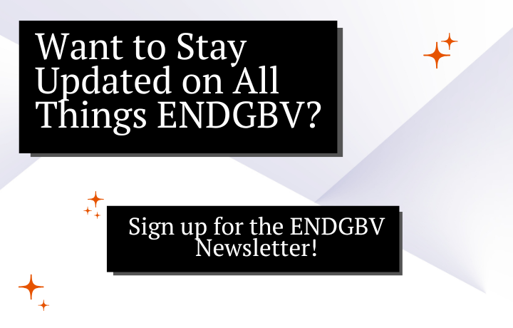 White background with orange stars, grey triangles and black boxes with text: Want to stay updated on all things ENDGBV? Sign up for the ENDGBV Newsletter.
                                           