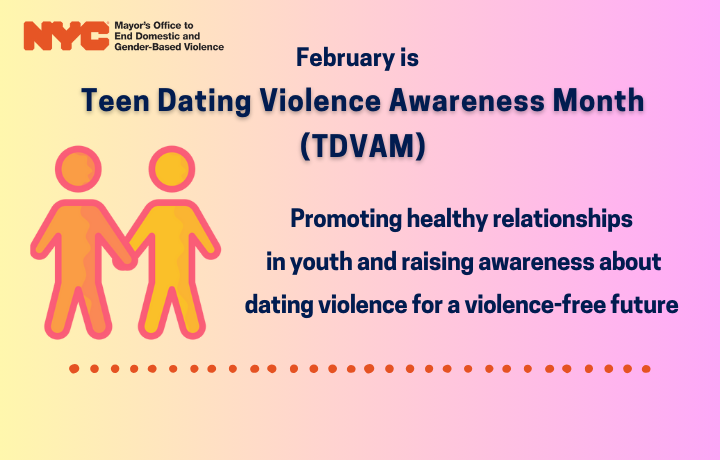 Yellow and pink background with two figures holdings hands with text: Promoting healthy relationships in youth and raising awareness about dating violence for a violence-free future.
                                           