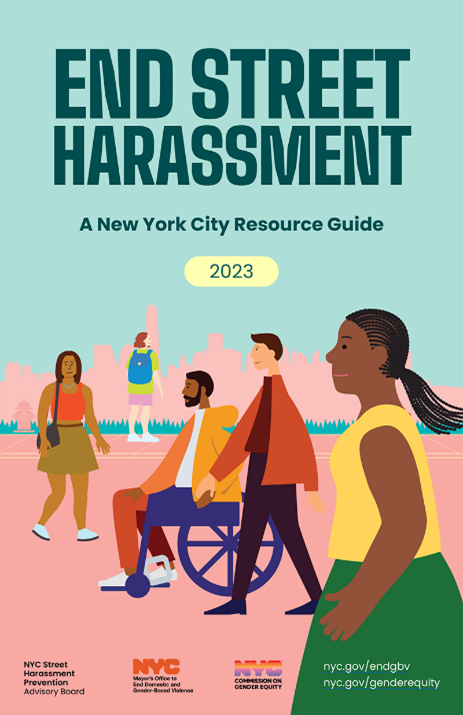 2023 End Street Harassment Resource Guide cover. Image shows a simplified pastel pink city landscape and teal sky, with several people walking about.