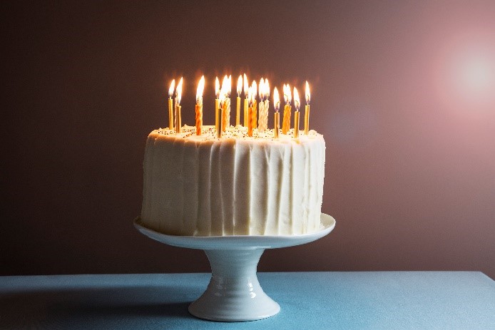 Birthday Cake with candles in a dimly lit room