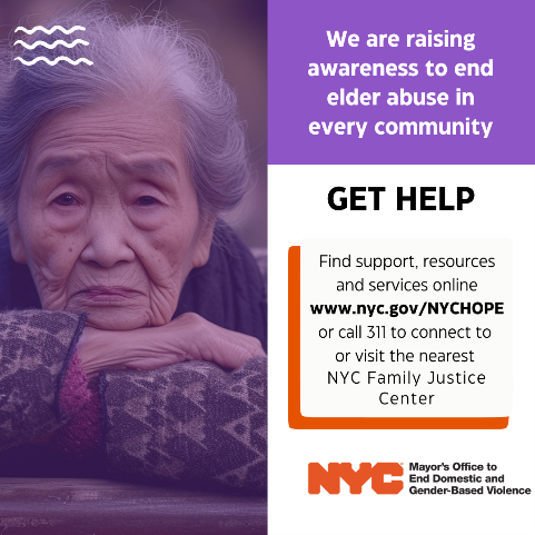 a stressed elderly woman on the left, with text on the right says, Get Help on www.nyc.gov/NYCHOPE or call 311