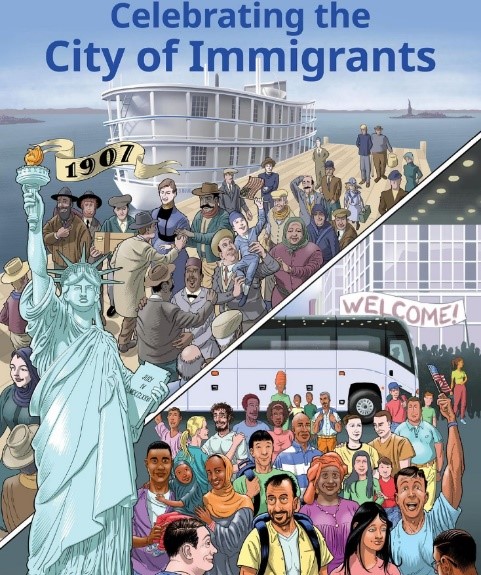 a vector illustration migrants coming to New York City during 1907 and 2024