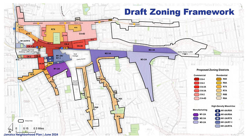 A map of the new districts in the draft zoning proposal for the Jamaica Neighborhood Plan.