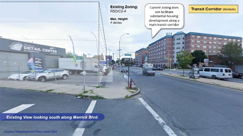 A photo of the existing conditions and an illustrative view of what could be built under the draft zoning framework