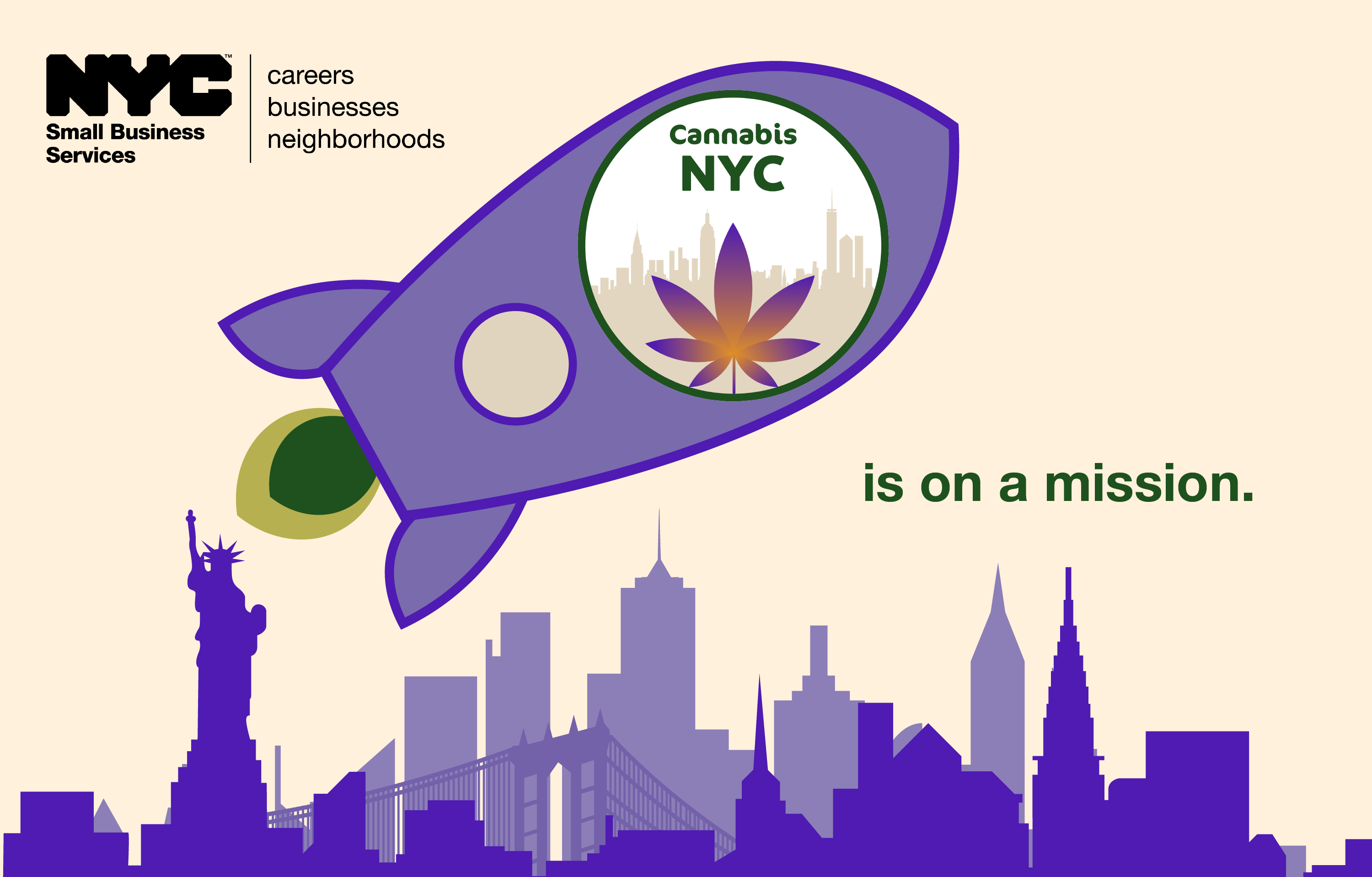 Graphic with N Y C skyline, the S B S logo at top left, and an illustrated rocket with the Cannabis N Y C logo on it and text 