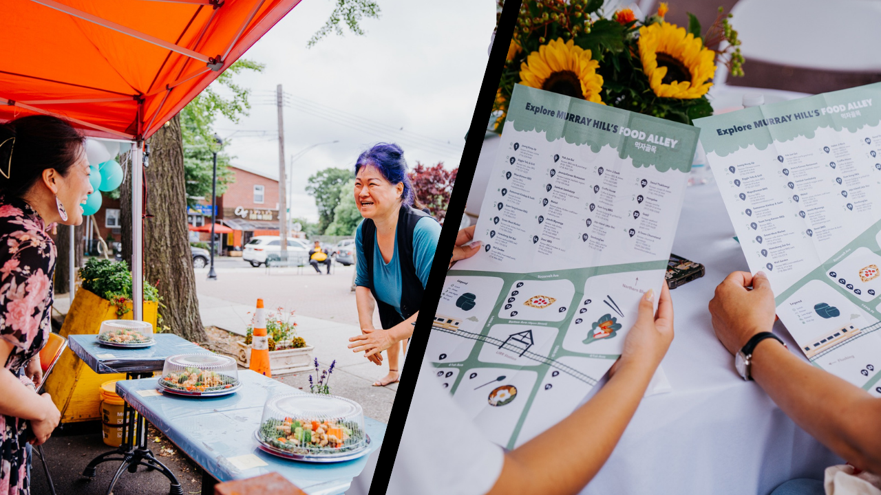 collage of two photos at left is a woman at table with food talking to a woman across from her at right there are hands holding guides to Murray Hill's Food Alley