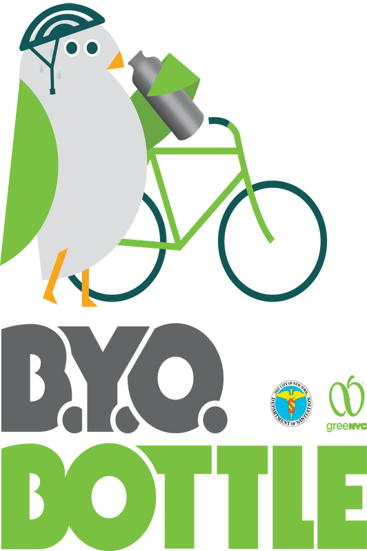 GreeNYC mascot Birdie on a bike drinking from a bottle. Text reads: "B.Y.O. Bottle."