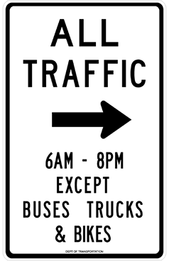 All Traffic sign informing drivers that they must turn right at the next intersection when the busway is in effect.