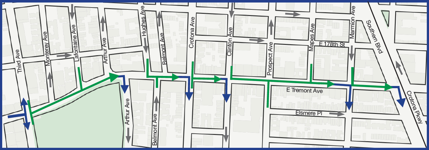 Map showing drivers how to travel and when to turn when driving eastbound on the Tremont Avenue Busway between Third Avenue and Crotona Parkway.