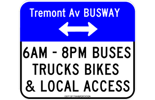 Tremont Avenue Busway sign with the hours the busway is in effect for buses, trucks, bikes and local access between 6 A M to 8 P M