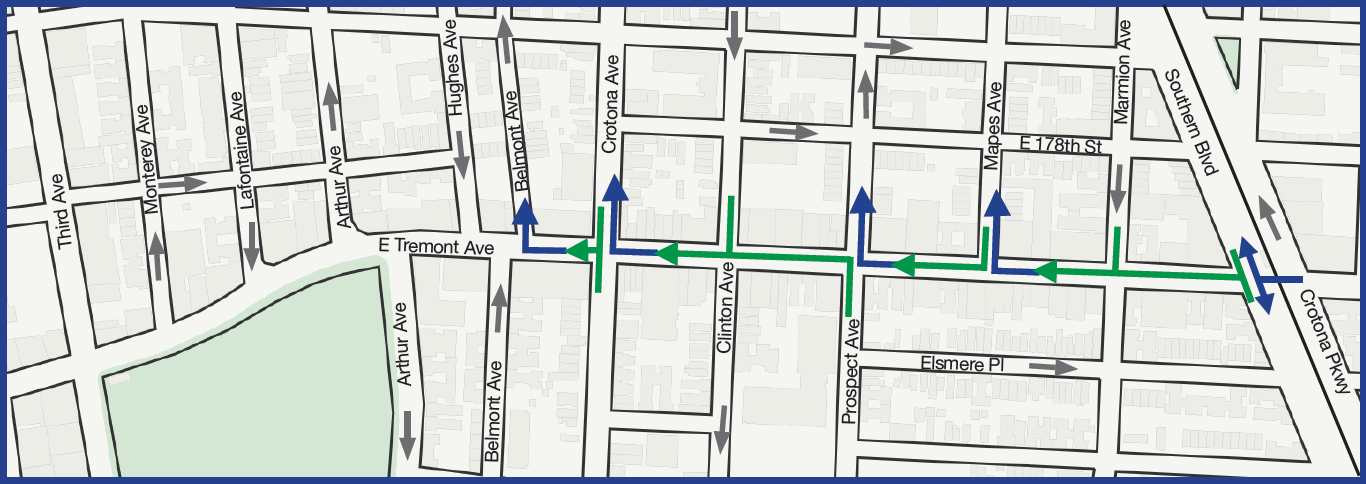 Map showing drivers how to travel and when to turn when driving westbound on the Tremont Avenue Busway between Crotona Parkway and Belmont Avenue.
