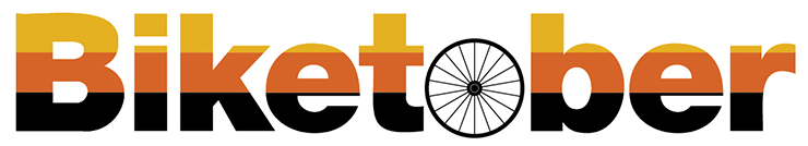 Biketober logo in yellow, orange and black. The letter o is a bike wheel.