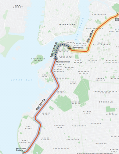 Map of the B Q E through Brooklyn with the B Q E Central portion from Atlantic Avenue to Sands Street highlighted in gray