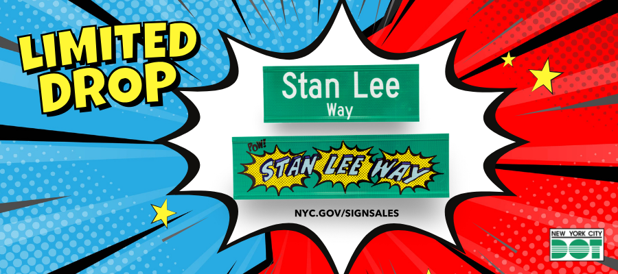 Comic book like poster displaying two street signs for Stan Lee Way.