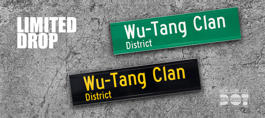 Overlay red text reads sold out over Wu-Tang Clan District street signs in green and white and black and yellow.