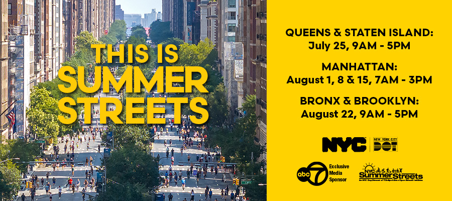 An aerial photo of Park Avenue during Summer Streets when the streets are empty of cars and full of people walking, biking, and running along the roadways on a summer Saturday, text overlay reads This is Summer Streets and dates and times for each boroughs events, and logos for N Y C, D O T, and A B C 7 the event's media sponsor.