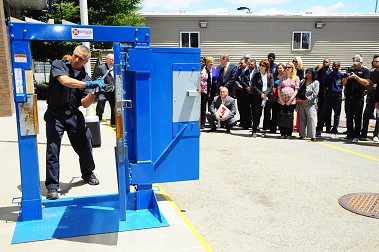 FDNY members demonstrated how they use a forcible entry simulator, which was included as part of the grants awarded on June 12.